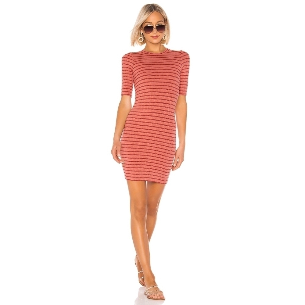 Enza Costa Rib Short Sleeve Mini Dress in Pink Sand & Red